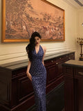 Sheath V Neckline Floral Blue Prom Dresses Birthday Outfits Evening Gown SD1028