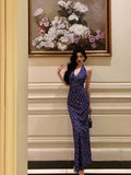 Sheath V Neckline Floral Blue Prom Dresses Birthday Outfits Evening Gown SD1028