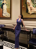 Sheath V Neckline Floral Blue Prom Dresses Birthday Outfits Evening Gown SD1028