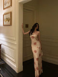 Sheath Spaghetti Straps Floral Long Prom Dresses Birthday Outfits Evening Gown SD1032