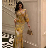 Sheath V Neckline Floral Yellow Slit Prom Dresses Birthday Outfits Evening Gown SD1034