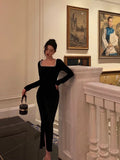 French Sheath Square Neckline Black Prom Dresses Birthday Outfits Evening Gown SD1039