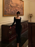 French Sheath Square Neckline Black Prom Dresses Birthday Outfits Evening Gown SD1039