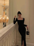 French Sheath Square Neckline Black Prom Dresses Birthday Outfits Evening Gown SD1039