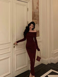 French Sheath Off The Shoulder Burgundy Split Prom Dresses Birthday Outfits Evening Gown SD1043