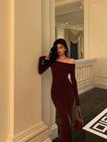 French Sheath Off The Shoulder Burgundy Split Prom Dresses Birthday Outfits Evening Gown SD1043