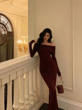 French Sheath Off The Shoulder Burgundy Split Prom Dresses Birthday Outfits Evening Gown SD1043