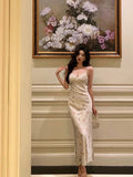 Sheath Spaghetti Straps Floral Long Prom Dresses Birthday Outfits Evening Gown SD1044