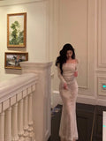 French Mermaid Square Neckline Lace White Prom Dresses Birthday Outfits Evening Gown SD1049