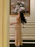 Sheath Spaghetti Straps Floral Long Slit Prom Dresses Birthday Outfits Evening Gown SD1055