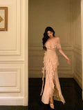 Sheath Spaghetti Straps Floral Long Slit Prom Dresses Birthday Outfits Evening Gown SD1055