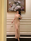 Sheath Spaghetti Straps Floral Long Slit Prom Dresses Birthday Outfits Evening Gown SD1055