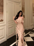 Sheath Spaghetti Straps Floral Long Slit Prom Dresses Birthday Outfits Evening Gown SD1055