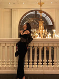 French Sheath Off The Shoulder Black Lace Prom Dresses Birthday Outfits Evening Gown SD1056