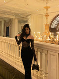 French Sheath Off The Shoulder Black Lace Prom Dresses Birthday Outfits Evening Gown SD1056