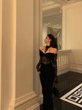 French Sheath Off The Shoulder Black Lace Prom Dresses Birthday Outfits Evening Gown SD1056