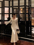 French Sheath Square Neckline Ivory Long Sleeves Prom Dresses Birthday Outfits Evening Gown SD1057