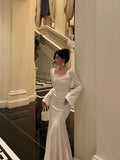 French Sheath Square Neckline Ivory Long Sleeves Prom Dresses Birthday Outfits Evening Gown SD1057