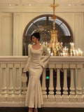 French Sheath Square Neckline Ivory Long Sleeves Prom Dresses Birthday Outfits Evening Gown SD1057