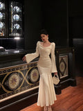 French Sheath Square Neckline Ivory Long Sleeves Prom Dresses Birthday Outfits Evening Gown SD1057