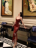 French Mermaid Spaghetti Straps Burgundy Prom Dresses Birthday Outfits Evening Gown SD1063