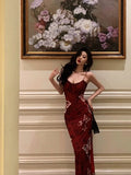 French Mermaid Spaghetti Straps Burgundy Prom Dresses Birthday Outfits Evening Gown SD1063