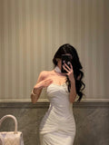 Sheath Strapless Neckline White Prom Dresses Birthday Outfits Evening Gown SD1077