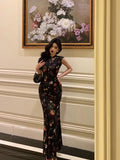 Sheath High Neckline Black Floral Date Night Dress Long Prom Dresses Birthday Outfits SD1089