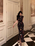 Sheath High Neckline Black Floral Date Night Dress Long Prom Dresses Birthday Outfits SD1089
