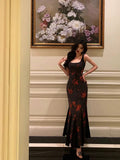 Sheath Straps Black Floral Prom Dresses Birthday Outfits Evening Gown SD1096
