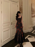 Sheath Straps Black Floral Prom Dresses Birthday Outfits Evening Gown SD1096