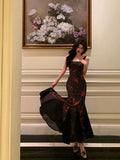Sheath Straps Black Floral Prom Dresses Birthday Outfits Evening Gown SD1096