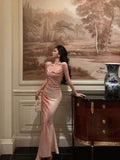 Mermaid Spaghetti Straps Pink Floral Date Night Dress Prom Dresses Birthday Outfits SD1097