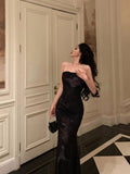 Sheath Strapless Black Floral Prom Dresses Birthday Outfits Evening Gown SD1100