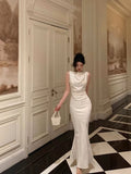 Mermaid Jewel Neckline White Satin Floral Date Night Dress Long Prom Dresses Birthday Outfits SD1113