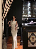 Mermaid Jewel Neckline White Satin Floral Date Night Dress Long Prom Dresses Birthday Outfits SD1113