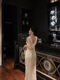 Mermaid Jewel Neckline White Satin Floral Date Night Dress Long Prom Dresses Birthday Outfits SD1113