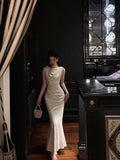 Mermaid Jewel Neckline White Satin Floral Date Night Dress Long Prom Dresses Birthday Outfits SD1113