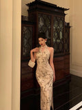 Sheath Straps Halter Floral Satin Prom Dresses Birthday Outfits Evening Gown SD1120