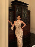 Sheath Straps Halter Floral Satin Prom Dresses Birthday Outfits Evening Gown SD1120