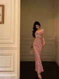 Mermaid Spaghetti Straps Pink Floral Date Night Dress Long Prom Dresses Birthday Outfits SD1121