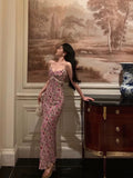 Mermaid Spaghetti Straps Pink Floral Date Night Dress Long Prom Dresses Birthday Outfits SD1121