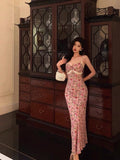 Mermaid Spaghetti Straps Pink Floral Date Night Dress Long Prom Dresses Birthday Outfits SD1121