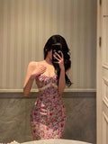 Mermaid Spaghetti Straps Pink Floral Date Night Dress Long Prom Dresses Birthday Outfits SD1121