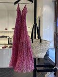 A line Straps Ruffled Hot Pink Floor Length Floral Beach Dress Women's Vacation Dresses SD1137