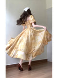 French A line Square Neckline Yellow Holiday Dress Floral Birthday Dresses Birthday Outfits SD1149