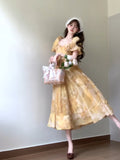 French A line Square Neckline Yellow Holiday Dress Floral Birthday Dresses Birthday Outfits SD1149