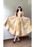 French A line Square Neckline Yellow Holiday Dress Floral Birthday Dresses Birthday Outfits SD1149