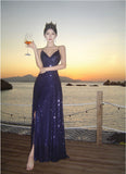 Sheath Spaghetti Straps Blue Sequin Beach Dress Women's Vacation Dresses Prom Dress SD1152
