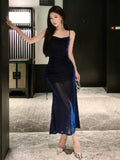 Sheath Spaghetti Straps Navy Blue Sequin Birthday Dresses Prom Dress SD1153